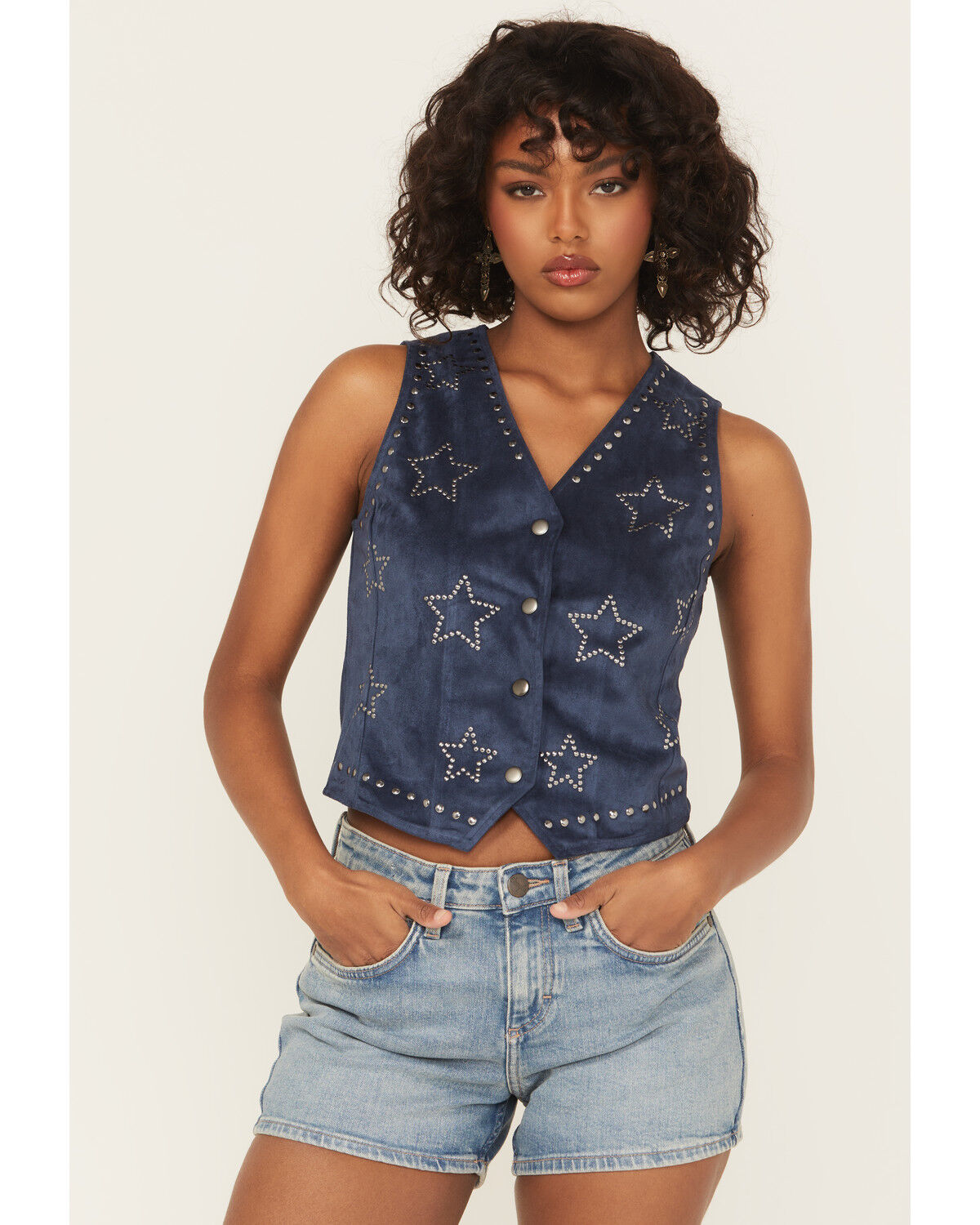 Image #1 - Rock & Roll Denim Women's Star Faux Suede Vest, Navy, hi-res