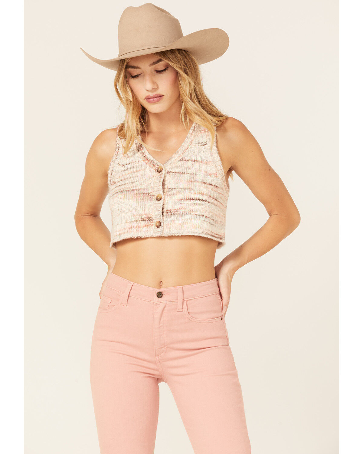 Image #1 - Shyanne Women's Cropped Marled Button-Up Sweater Vest, Sand, hi-res
