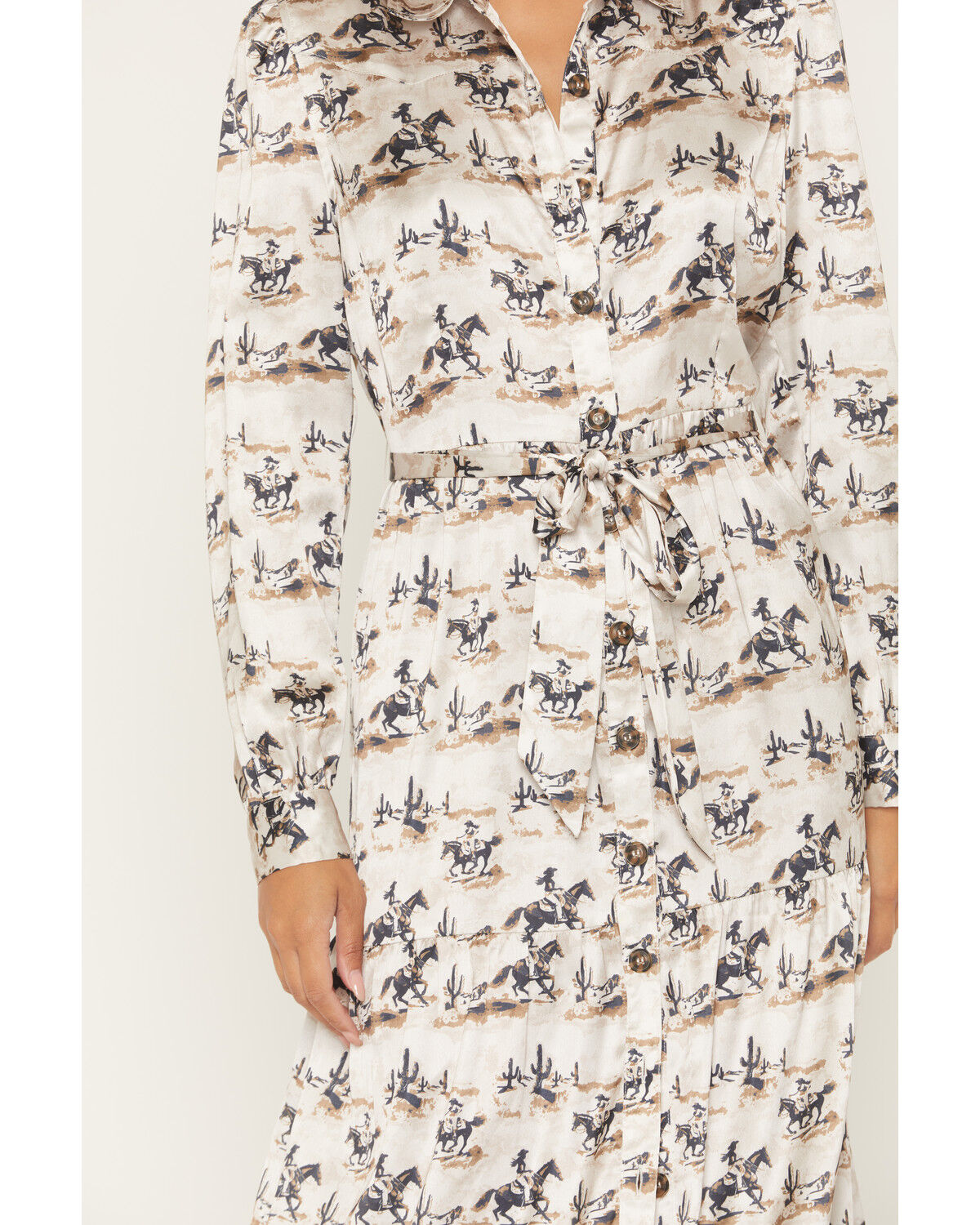 Image #3 - Panhandle Slim Women's Cowboy Rider Satin Long Sleeve Button-Down Maxi Skirt, Tan, hi-res