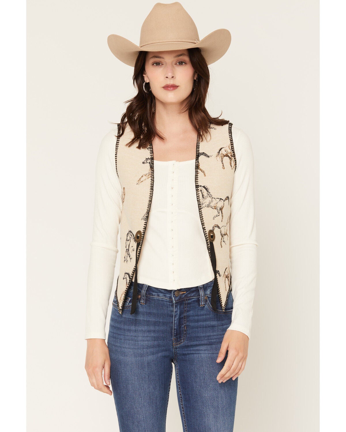 Image #1 - Fornia Women's Running Horse Whip Stitch Vest, Natural, hi-res
