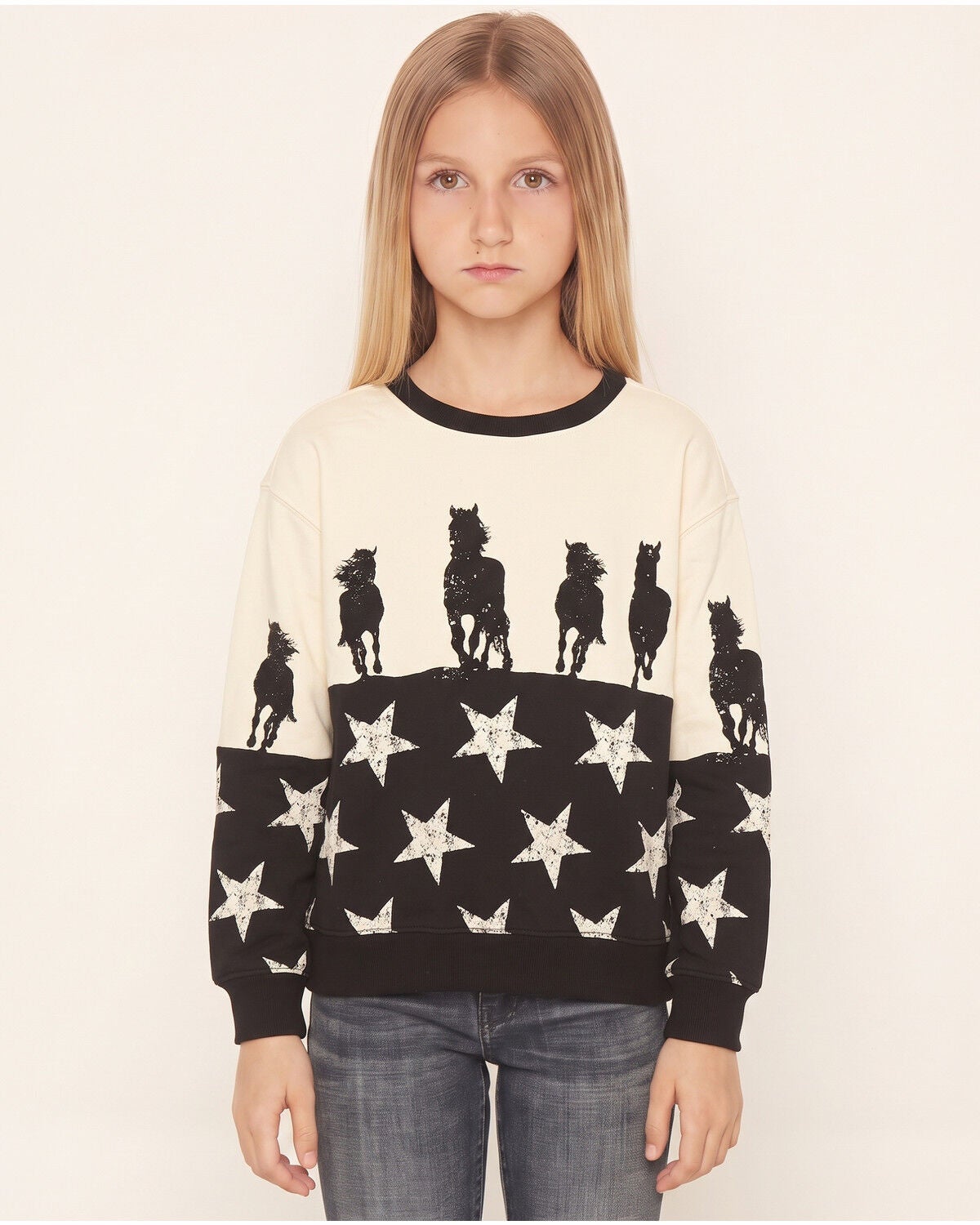 Image #1 - Rock & Roll Denim Girls' Boot Barn Exclusive Americana Horse Sweatshirt, Cream, hi-res