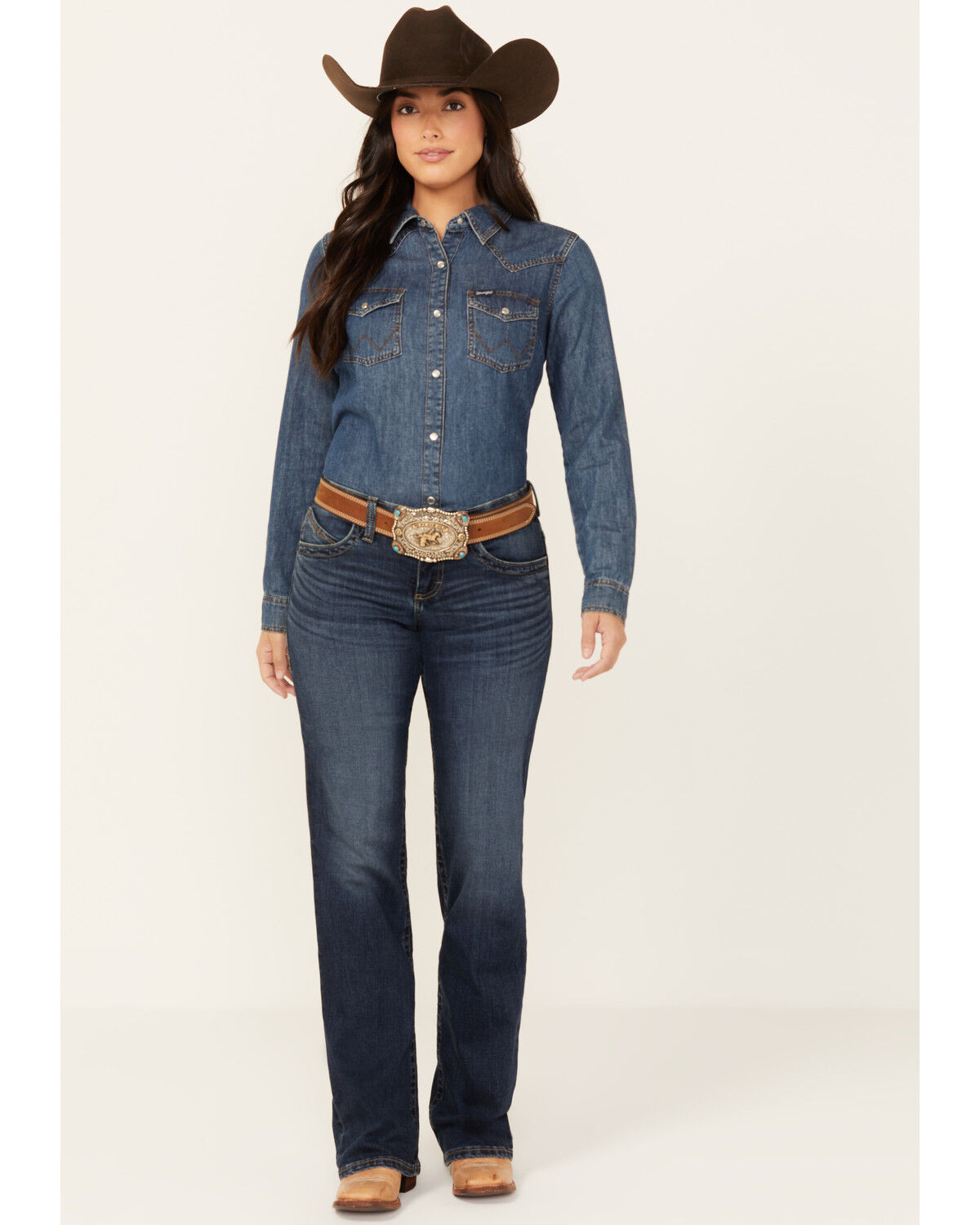 Image #1 - Wrangler Women's Jade Dark Wash Mid Rise Relaxed Bootcut Ultimate Riding Jeans, Dark Wash, hi-res