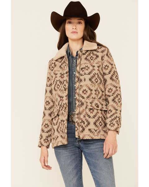 Shyanne Women's Brown Southwestern Blanket Print Snap-Front Barn Coat , Brown, hi-res