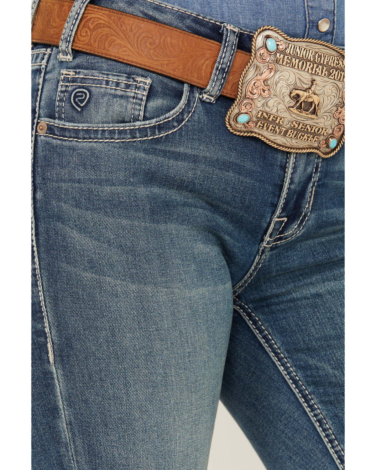 Image #4 - Rock & Roll Denim Women's Medium Wash Mid Rise Bootcut Extra Stretch Riding Jeans, Medium Wash, hi-res
