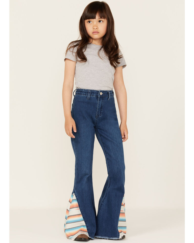 Cowboy Hardware Girls' Serape Print Medium Wash Flare Jeans, Blue, hi-res