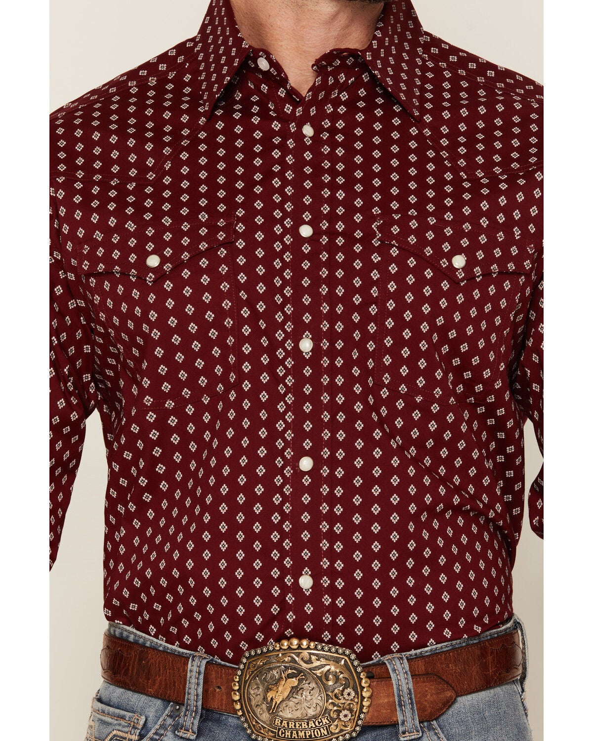 Image #3 - Panhandle Slim Men's Geo Print Long Sleeve Snap Stretch Western Shirt, Red, hi-res