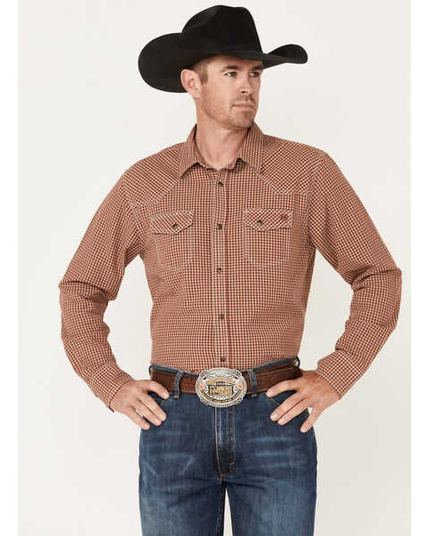 Blue Ranchwear Men's Gingham Print Long Sleeve Snap Western Shirt, Red, hi-res