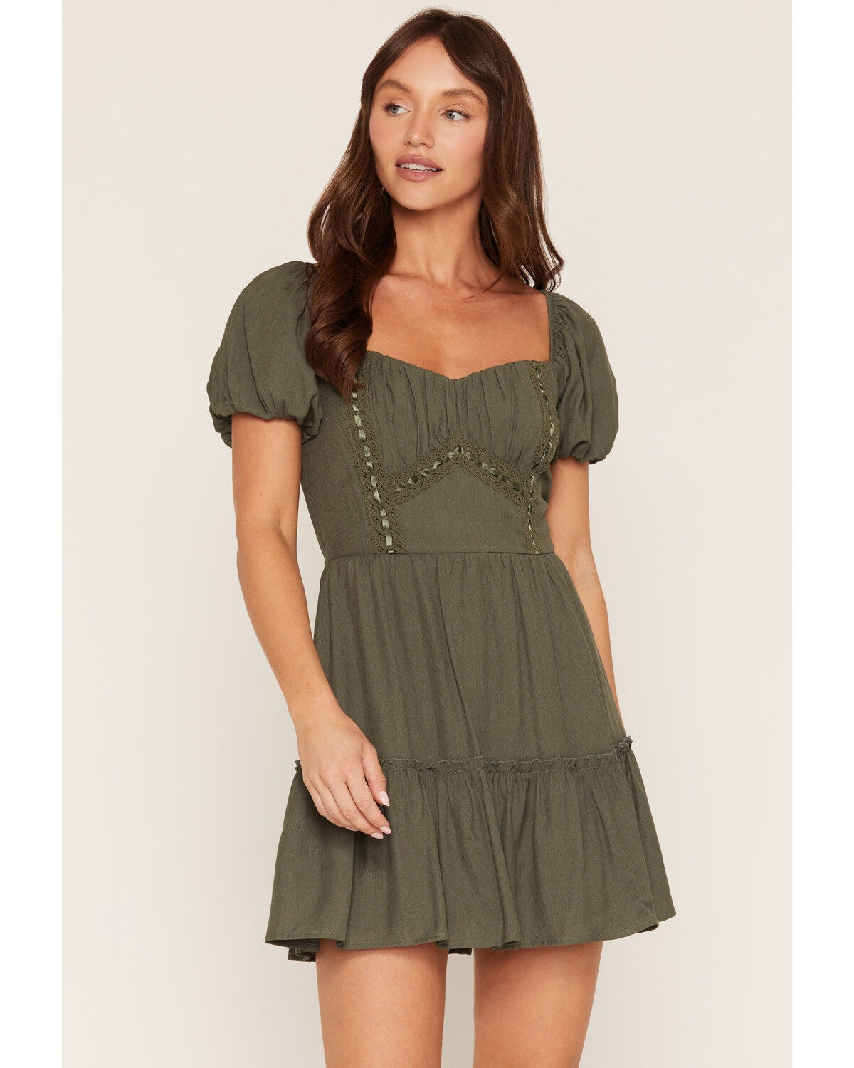 Trixxi Women's Ribbon Trim Short Sleeve Mini Dress, Green, hi-res