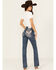 Image #1 - Miss Me Women's Dark Wash Mid Rise Floral Pocket Slim Bootcut Stretch Denim Jeans, Dark Wash, hi-res
