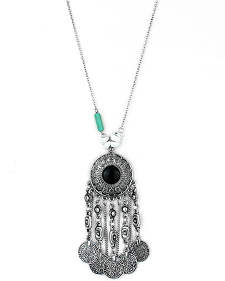 Shyanne Women's Silver Dangling Fringe Onyx Stone Pendant Necklace, Silver, hi-res