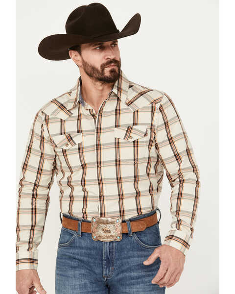 Image #1 - Cody James Men's Sundowner Plaid Print Long Sleeve Western Snap Shirt, Oatmeal, hi-res