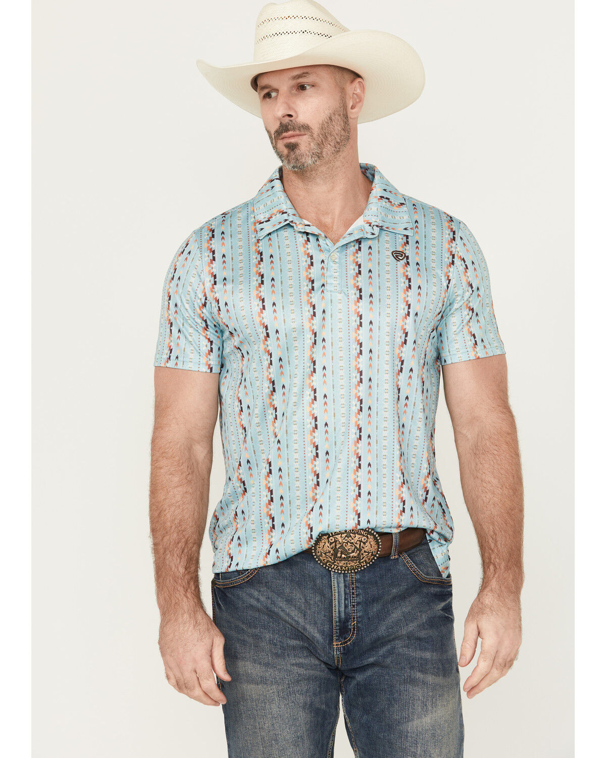 Image #1 - Rock & Roll Denim Men's Southwestern Striped Short Sleeve Stretch Polo, Blue, hi-res
