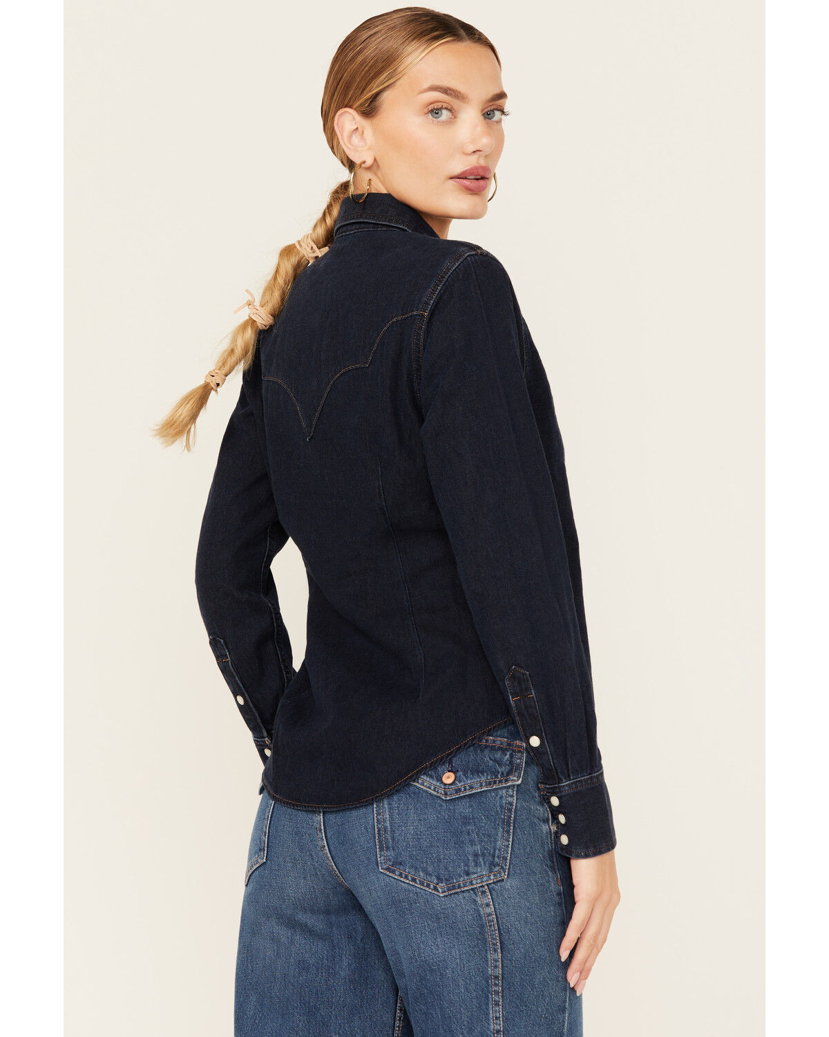 Image #4 - Wrangler Women's Dark Wash Slim Yoke Long Sleeve Pearl Snap Western Shirt, Dark Wash, hi-res