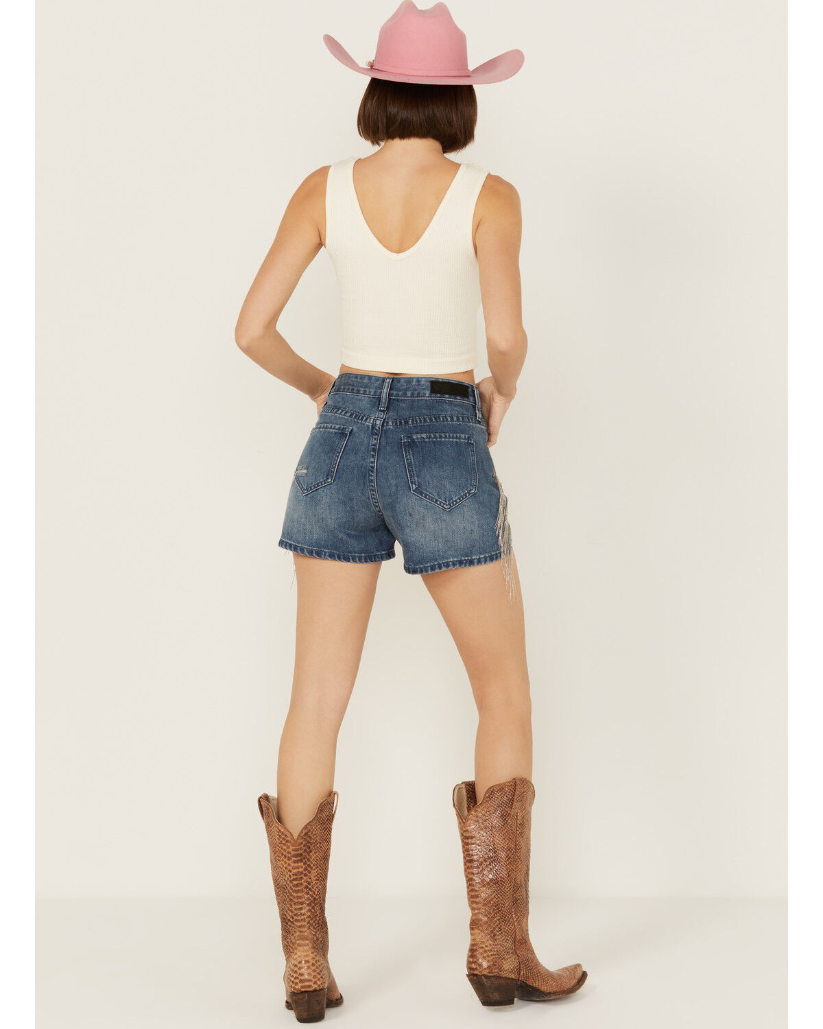 Image #3 - Rock & Roll Denim Women's Medium Wash High Rise Chain Fringe Denim Shorts, Medium Wash, hi-res