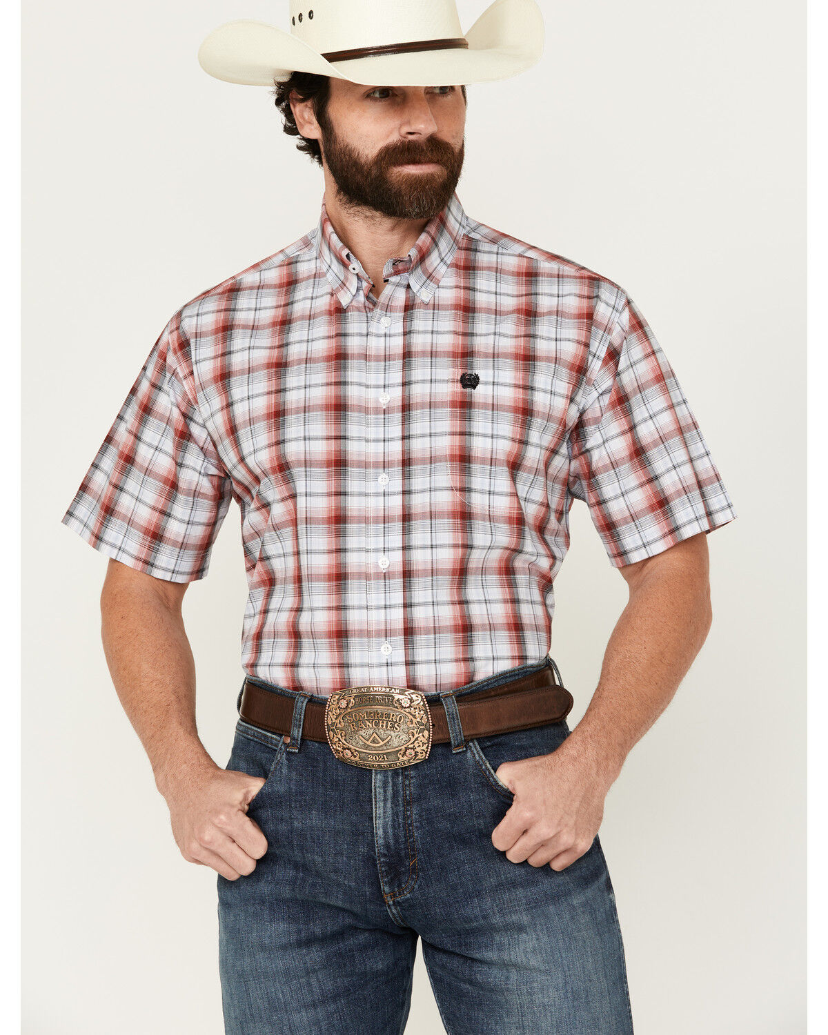 Image #1 - Cinch Men's Plaid Print Short Sleeve Button-Down Western Shirt, Red, hi-res