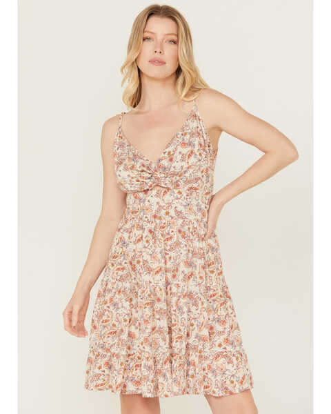 Wild Moss Women's Floral Print Front Knot Dress, Ivory, hi-res