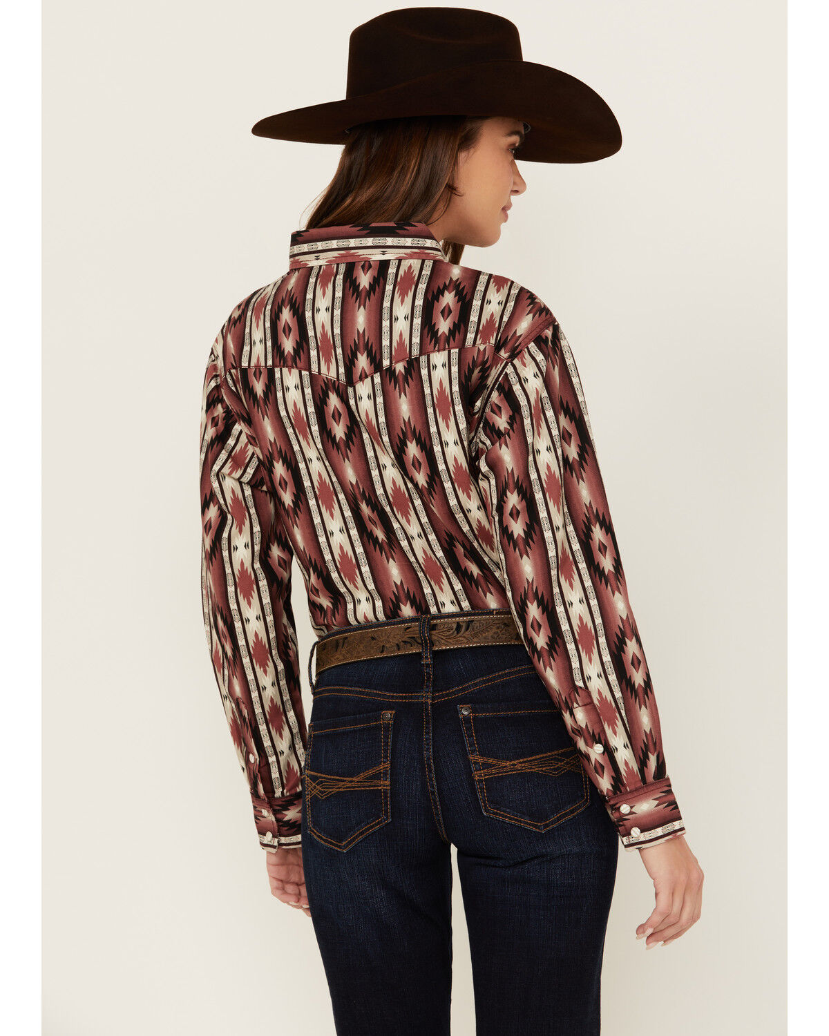 Image #4 - Wrangler Retro Women's Southwestern Print Long Sleeve Pearl Snap Western Shirt, Burgundy, hi-res