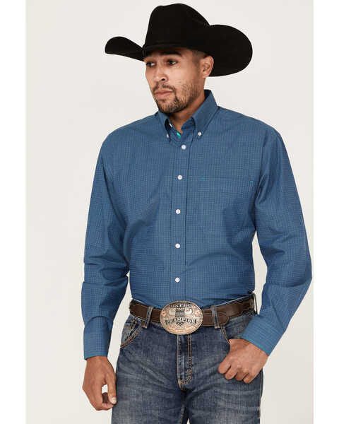 Image #1 - Rough Stock by Panhandle Men's Dobby Long Sleeve Button Down Western Shirt , Dark Blue, hi-res