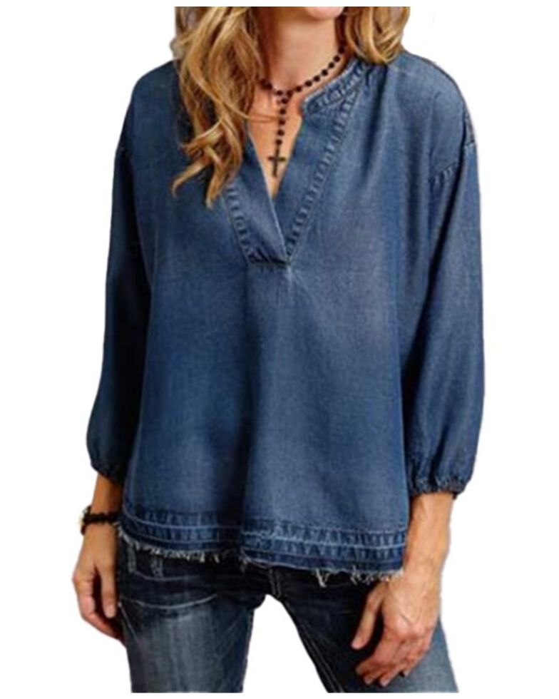Stetson Women's Denim Tencel 3/4 Sleeve Pesasant Top , Blue, hi-res