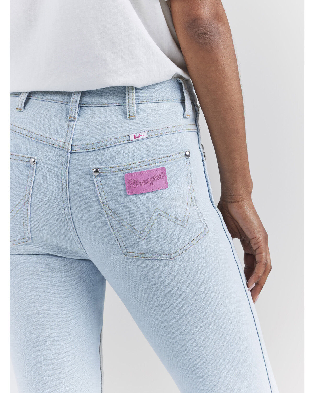 Image #6 - Wrangler® X Barbie™ Women's Light Wash High Rise Westward Pink Patch Stretch Bootcut Jeans, Light Wash, hi-res