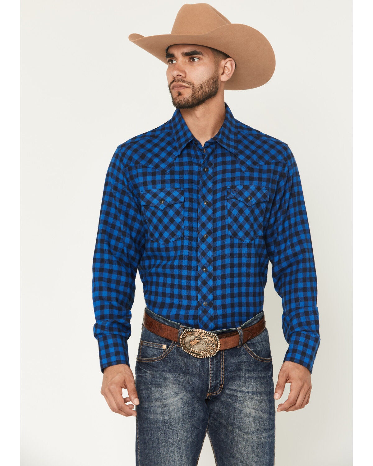 Wrangler Retro Men's Plaid Print Long Sleeve Snap Flannel Shirt, Blue, hi-res