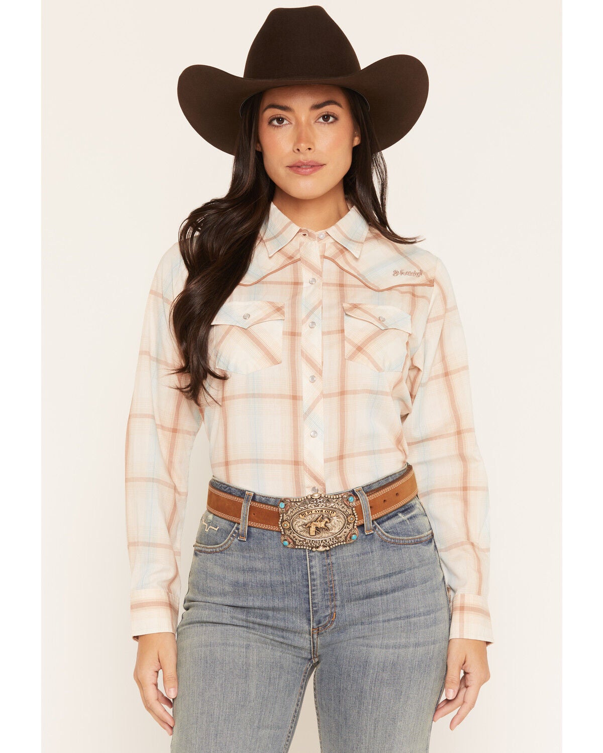 Image #1 - Ely Walker Women's Boot Barn Exclusive Plaid Print Long Sleeve Pearl Snap Western Shirt, Ivory, hi-res