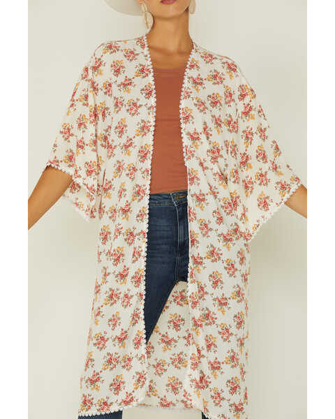 Image #3 - Wild Moss Women's Floral Chiffon Kimono, Ivory, hi-res