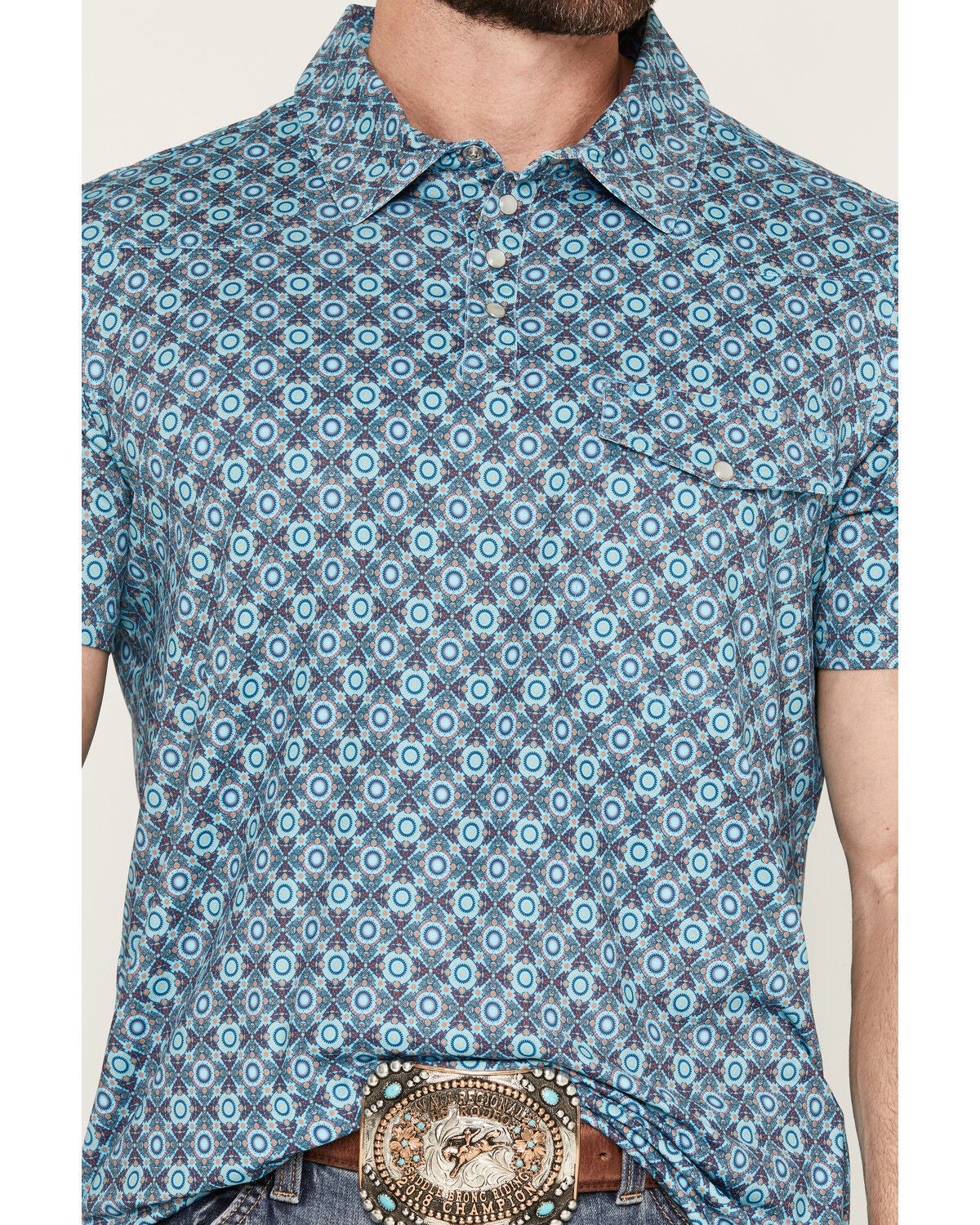 Image #3 - Rock & Roll Denim Men's Medallion Print Short Sleeve Pearl Snap Polo, Blue, hi-res