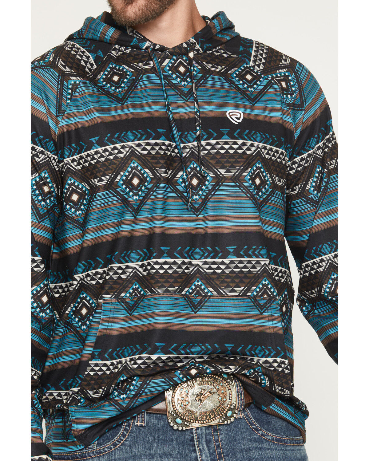 Image #3 - Rock & Roll Denim Men's Southwestern Striped Print Stretch Hooded Sweatshirt, Teal, hi-res