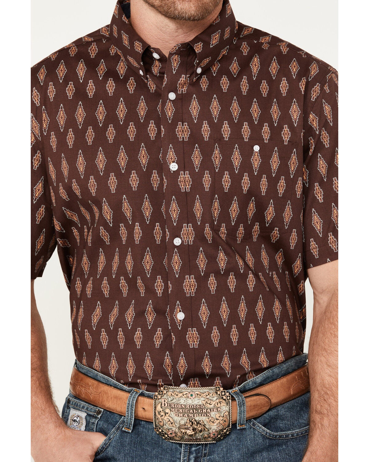 Image #2 - RANK 45&reg; Men's Cash Geo Print Short Sleeve Button-Down Stretch Western Shirt, Brown, hi-res
