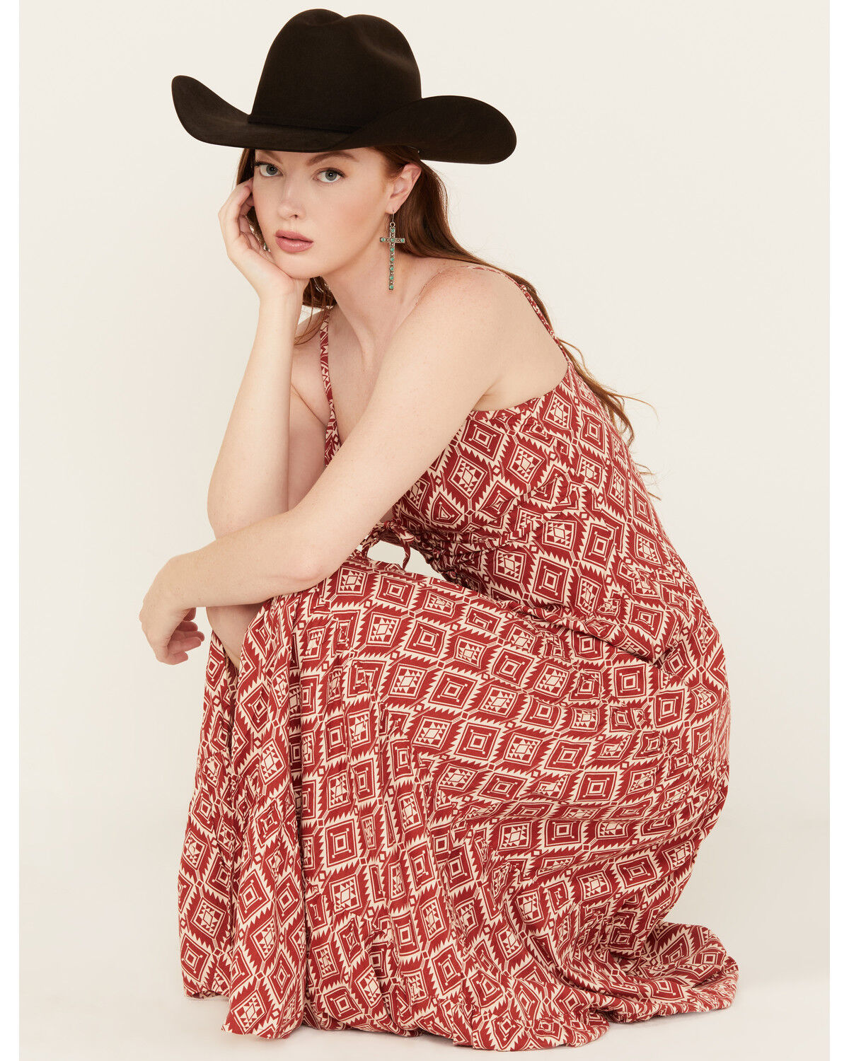 Image #1 - Panhandle Women's Southwestern Print Sleeveless Maxi Dress, Red, hi-res