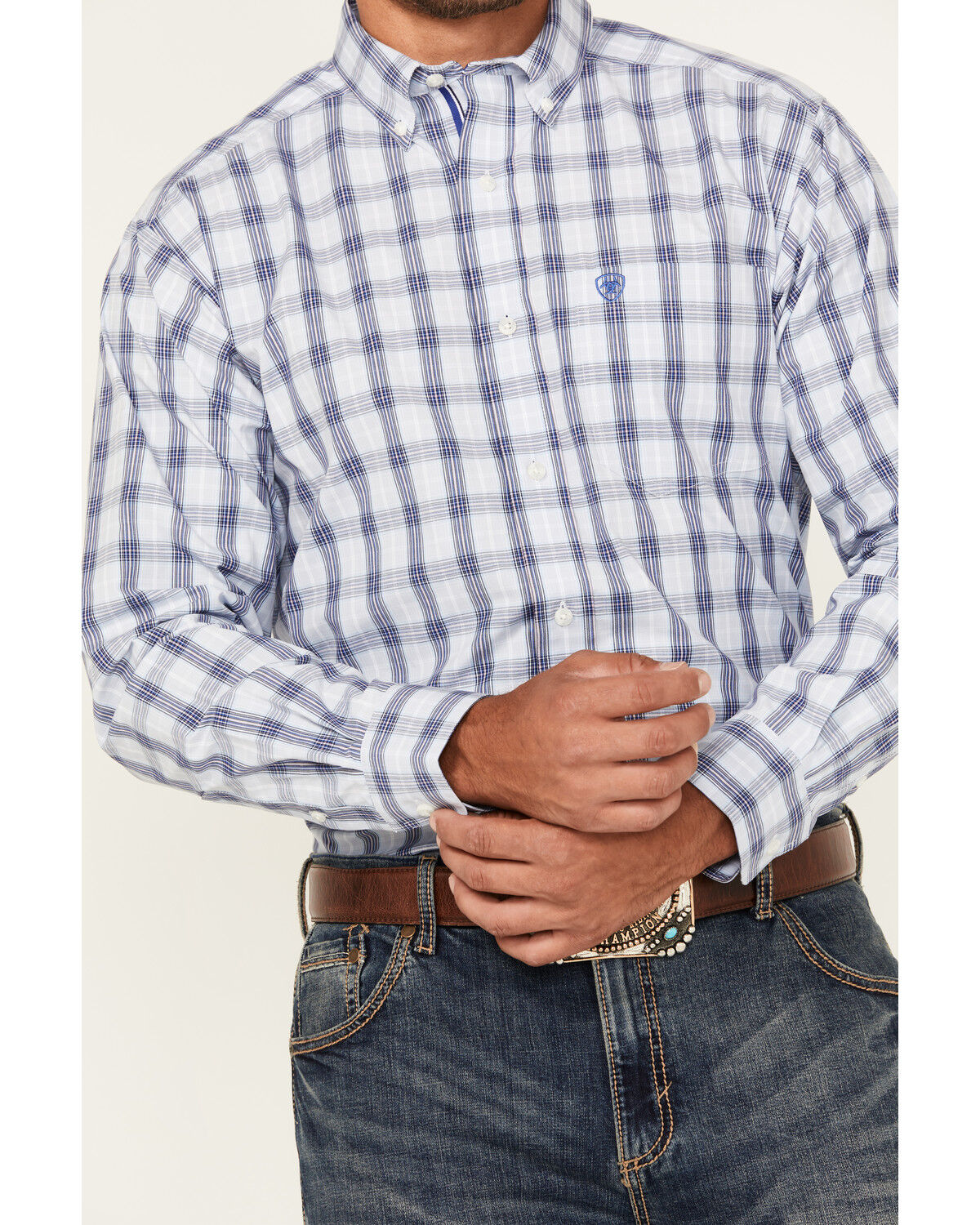 Image #3 - Ariat Men's Pro Series River Plaid Print Long Sleeve Button-Down Stretch Western Shirt, Light Blue, hi-res