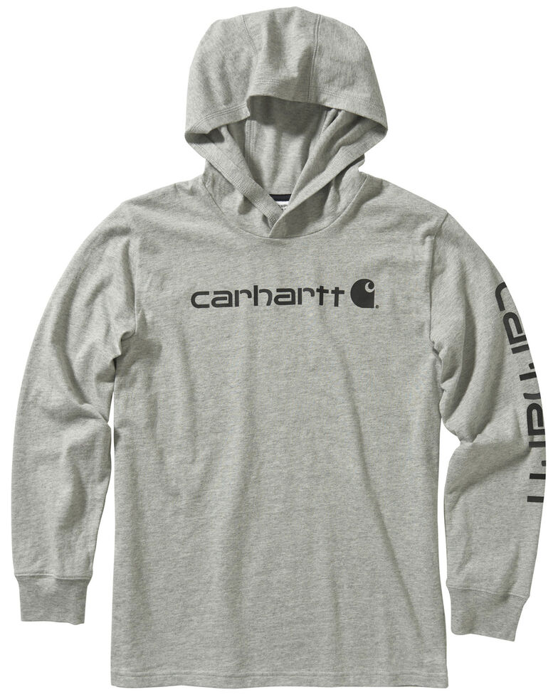 Carhartt Boys' 4-7 Heather Grey Sleeve Logo Hooded Sweatshirt , Heather Grey, hi-res