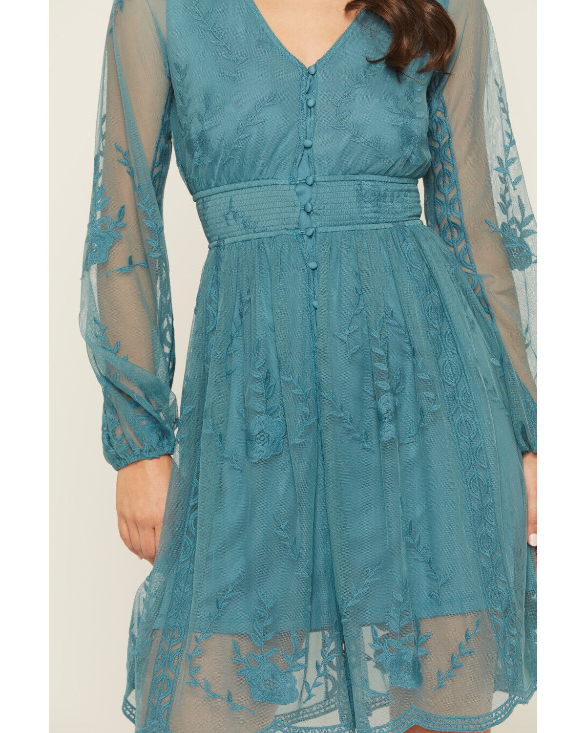 Image #3 - Shyanne Women's Embroidered Mesh Long Sleeve Button Front Mini Dress, Turquoise, hi-res
