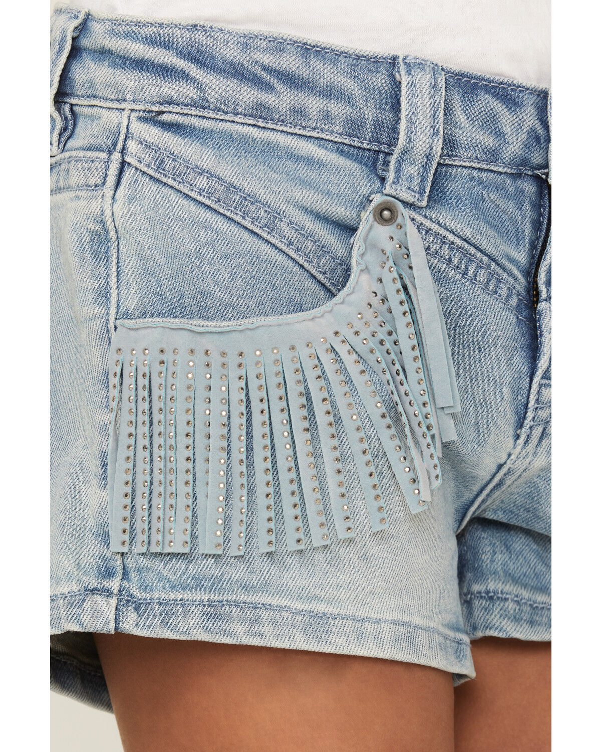 Image #2 - Rock & Roll Denim Girls' Front Yoke Fringe Pocket Shorts, Blue, hi-res