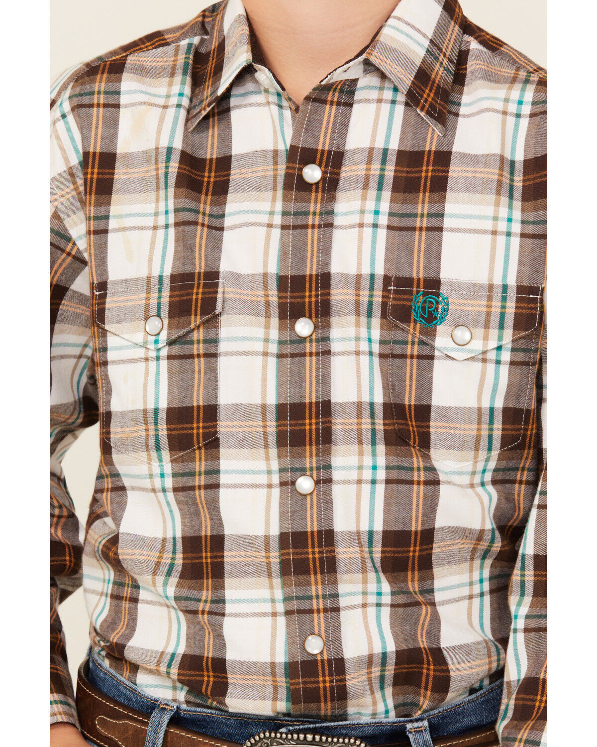 Image #3 - Panhandle Boys' Plaid Print Long Sleeve Pearl Snap Western Shirt, Brown, hi-res