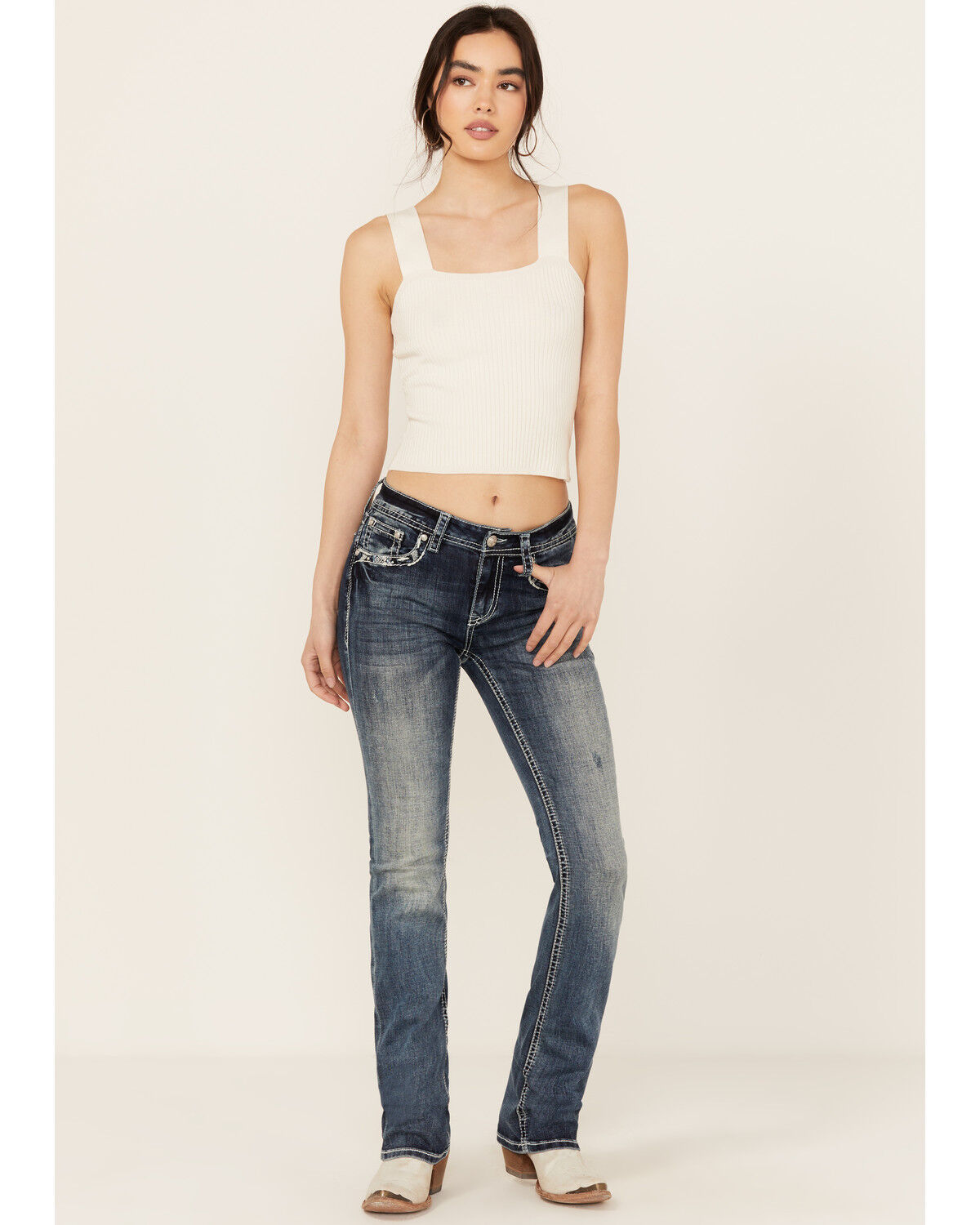 Image #3 - Grace In LA Women's Medium Wash Sequin Longhorn Pocket Mid Rise Bootcut Stretch Denim Jeans, Medium Wash, hi-res