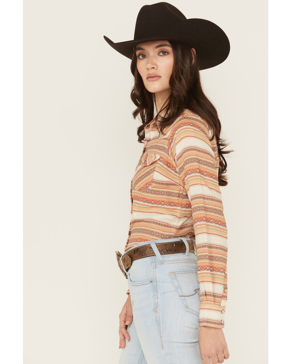 Image #2 - Panhandle Women's Striped Print Long Sleeve Snap Western Shirt, Cream, hi-res
