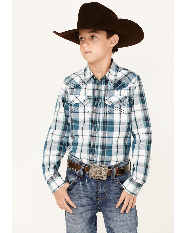 Cody James Boys' Order Plaid Long Sleeve Snap Western Shirt , White, hi-res
