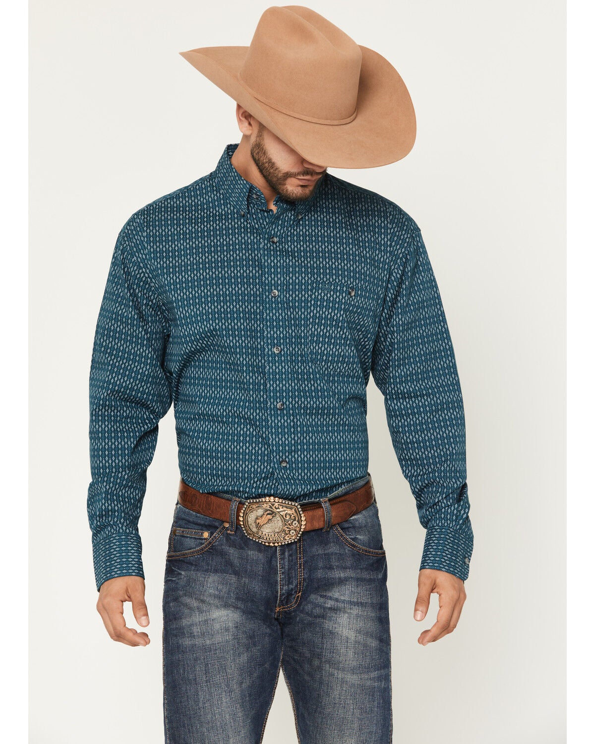 Image #1 - Wrangler Men's Geo Print Long Sleeve Button-Down Stretch Western Shirt, Blue, hi-res