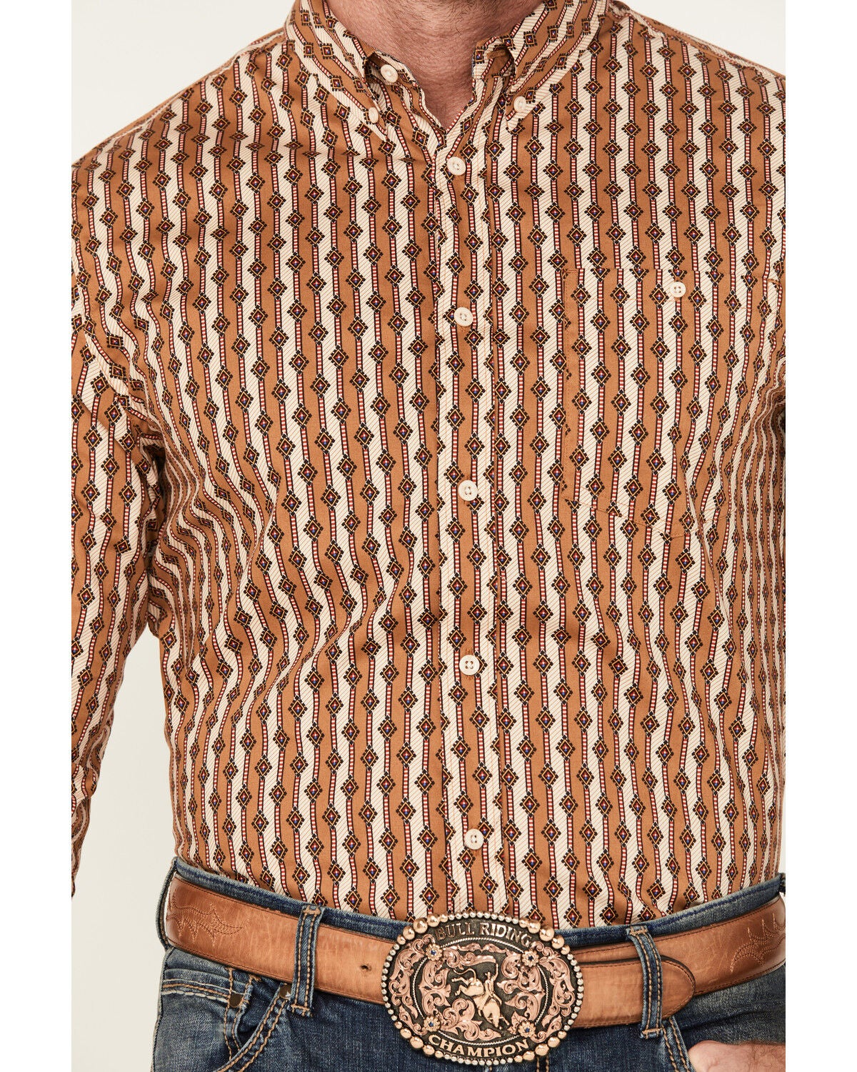 Image #3 - RANK 45&reg; Men's Manvel Southwestern Print Long Sleeve Button-Down Stretch Western Shirt, Lt Brown, hi-res