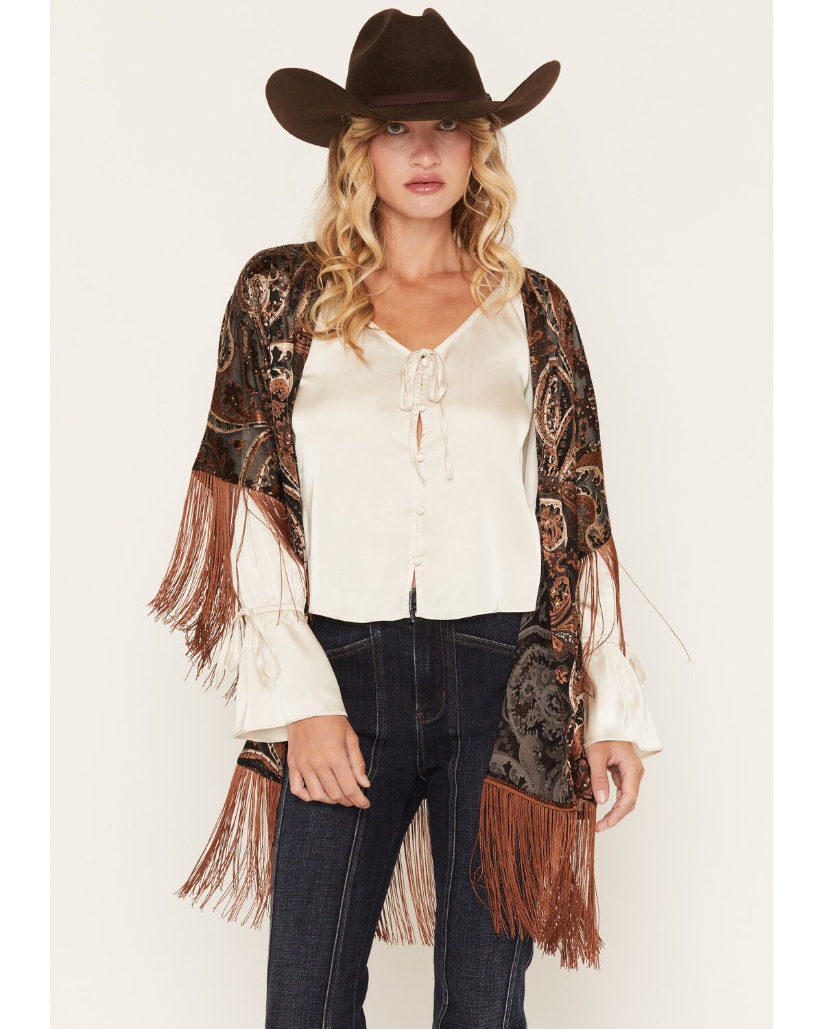 Image #1 - Shyanne Women's Nicks Burnout Paisley Print Fringe Kimono, Black, hi-res