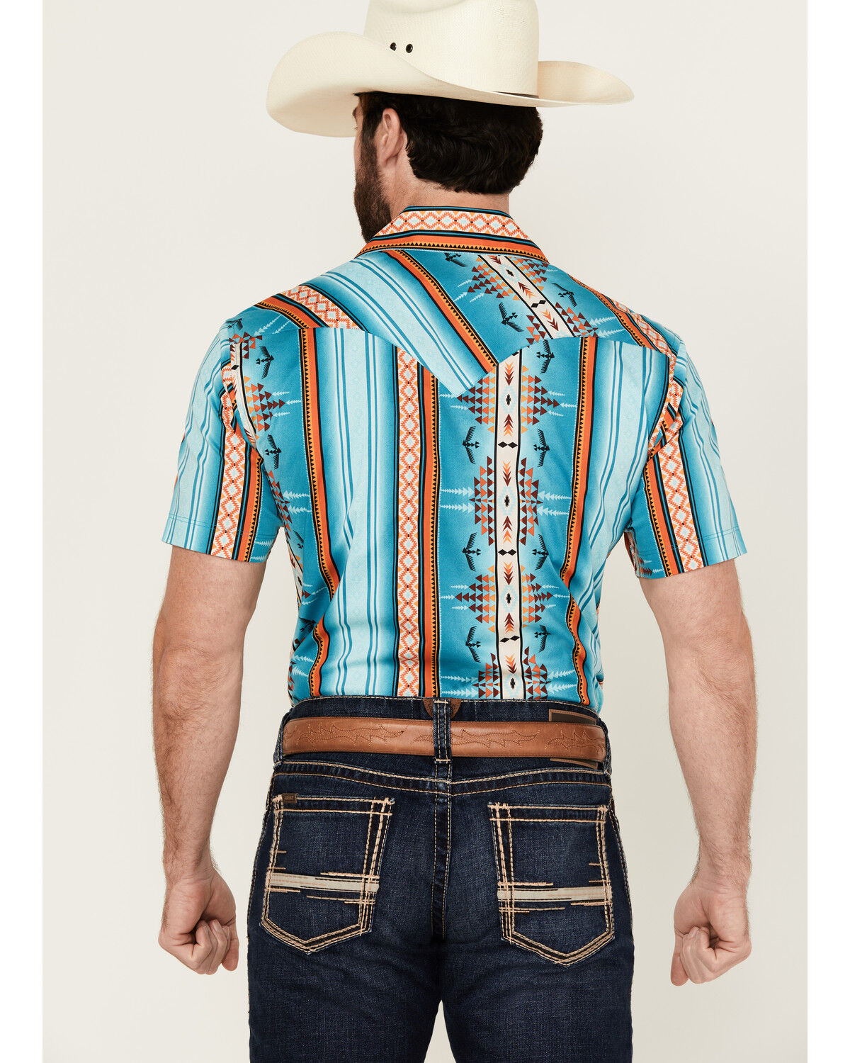 Image #4 - Rock & Roll Denim Men's Southwestern Striped Short Sleeve Snap Stretch Western Shirt, Turquoise, hi-res