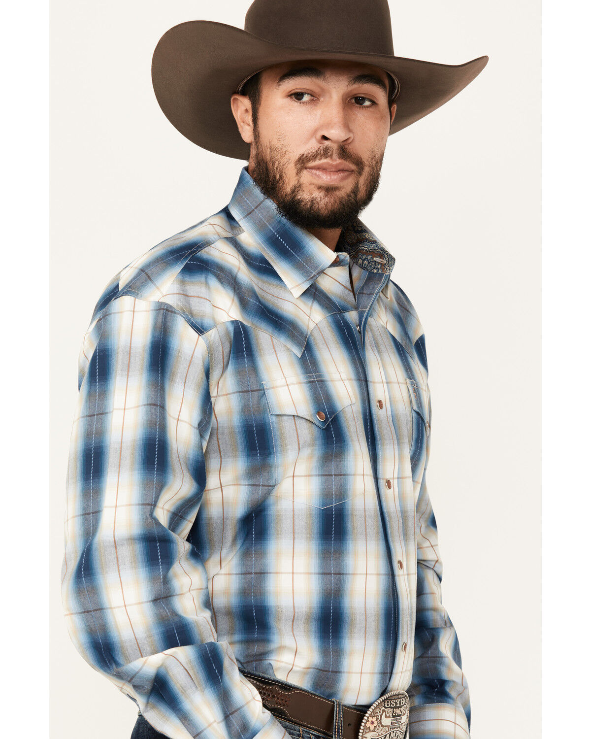 Image #2 - Stetson Men's Plaid Print Long Sleeve Snap Western Shirt, Blue, hi-res