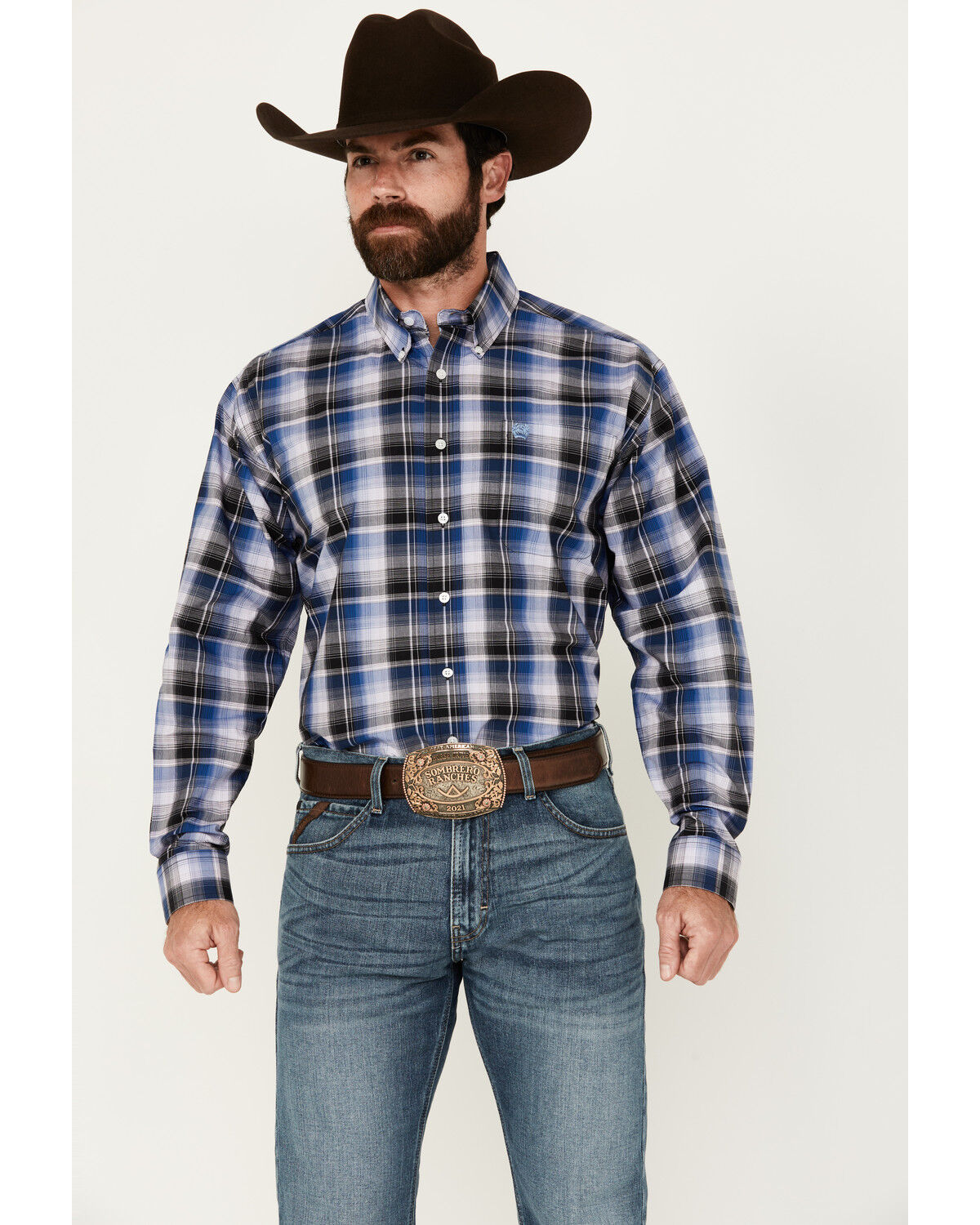 Image #1 - Cinch Men's Plaid Print Long Sleeve Button-Down Western Shirt, Blue, hi-res
