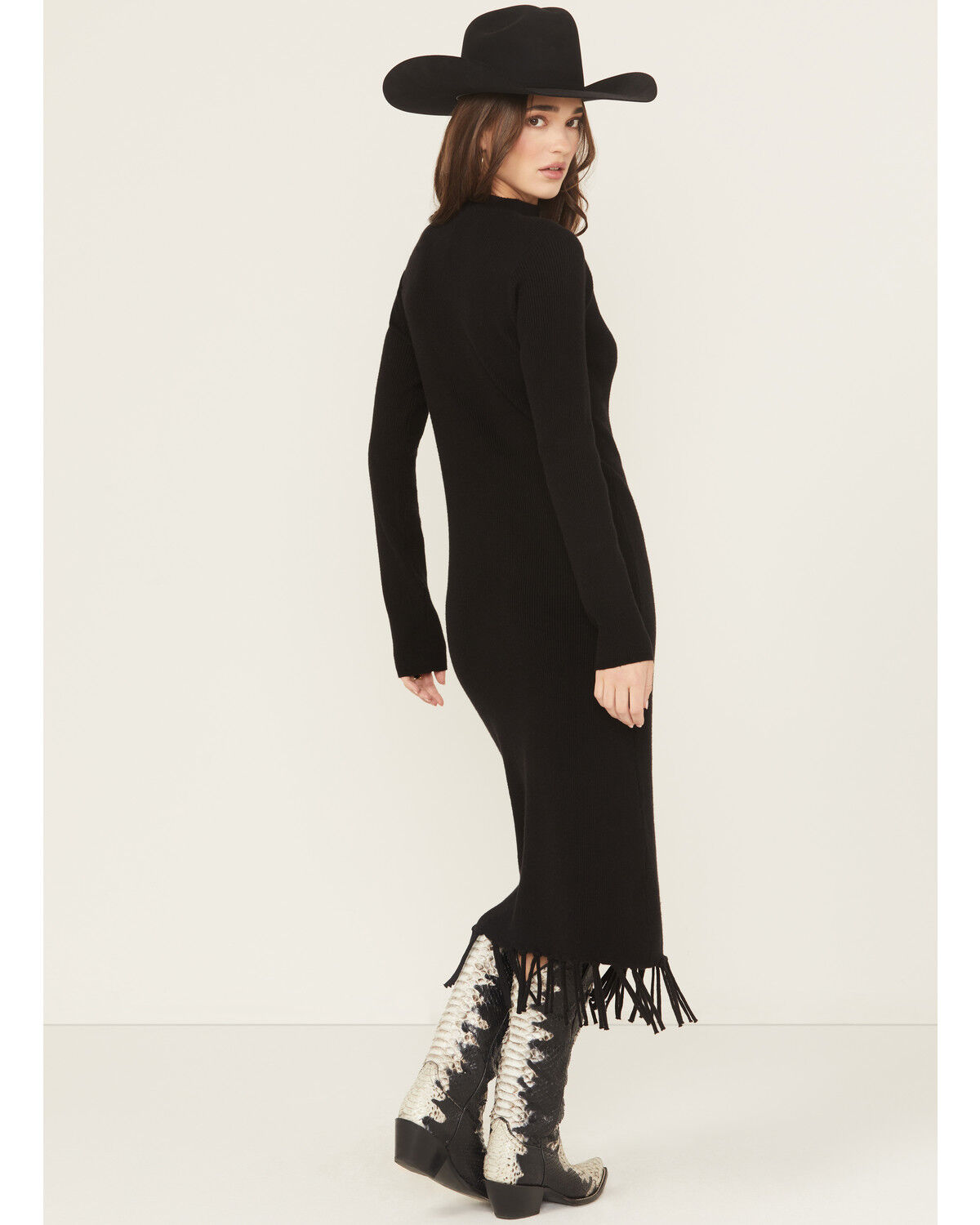 Image #4 - Ariat Women's Alicia Long Sleeve Fringe Sweater Midi Dress, Black, hi-res