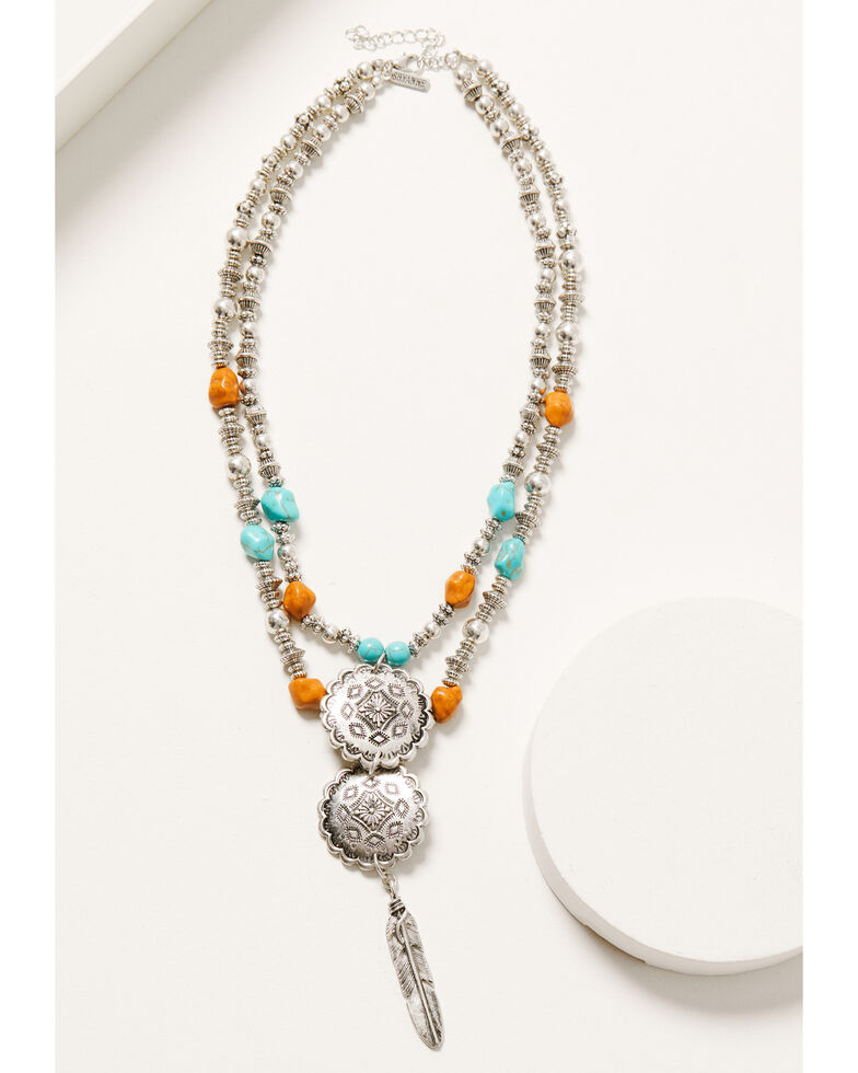 Shyanne Women's Autumn Sunset Multi Layered Breaded Concho Necklace , Silver, hi-res