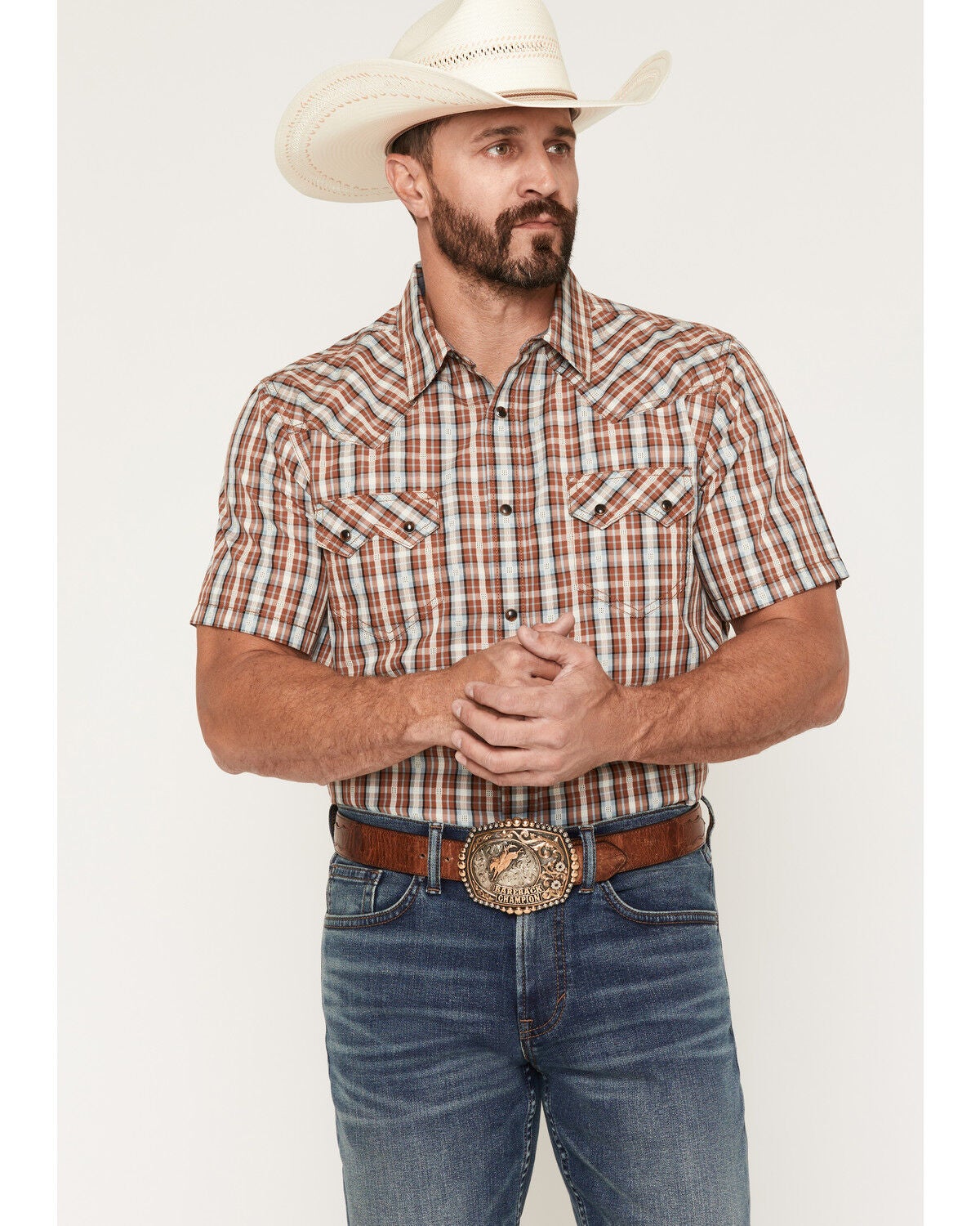 Cody James Men's Elmer Plaid Print Short Sleeve Snap Western Shirt, Brown, hi-res