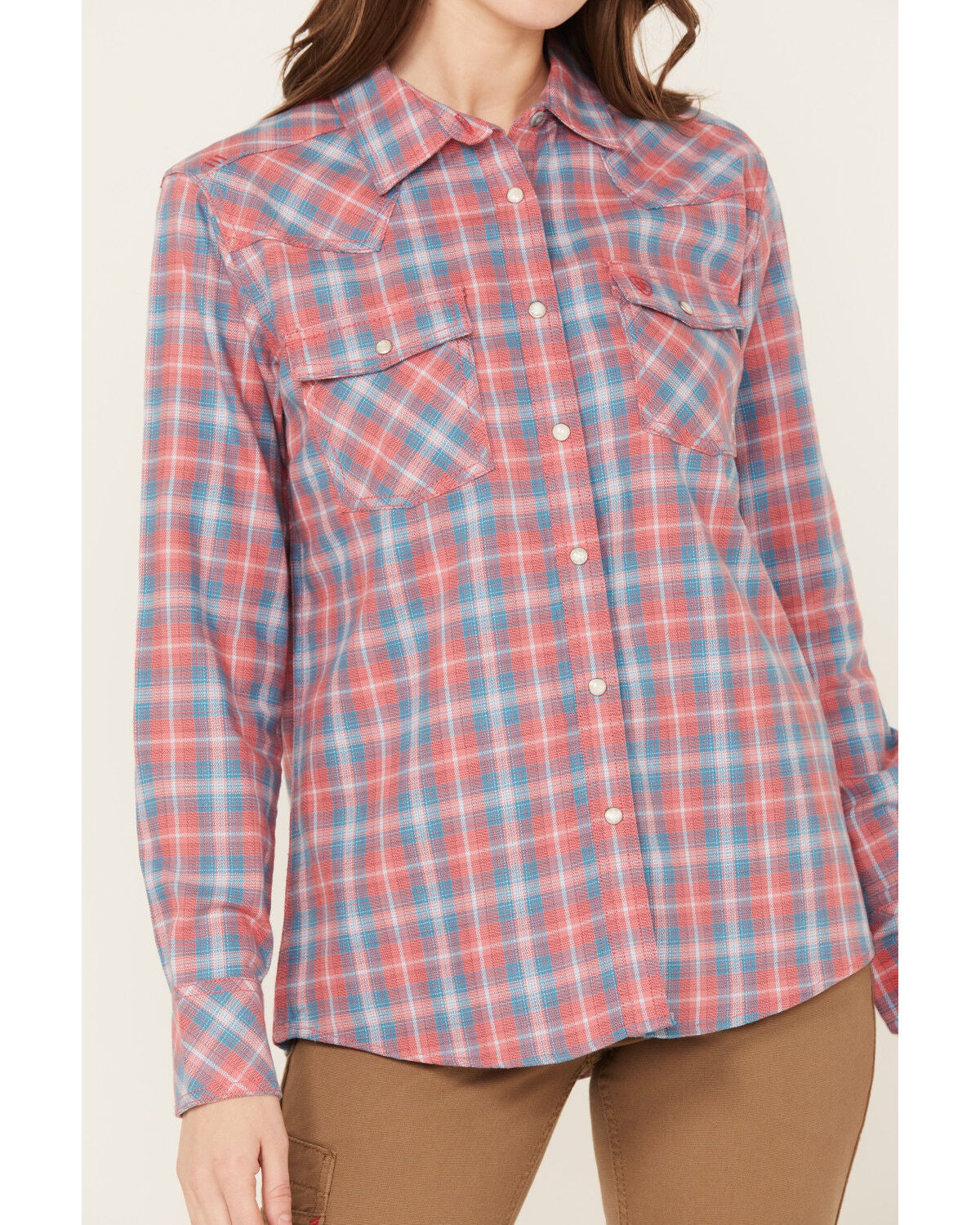 Image #2 - Ariat Women's FR Plaid Print Long Sleeve Button-Down Work Shirt, Coral, hi-res
