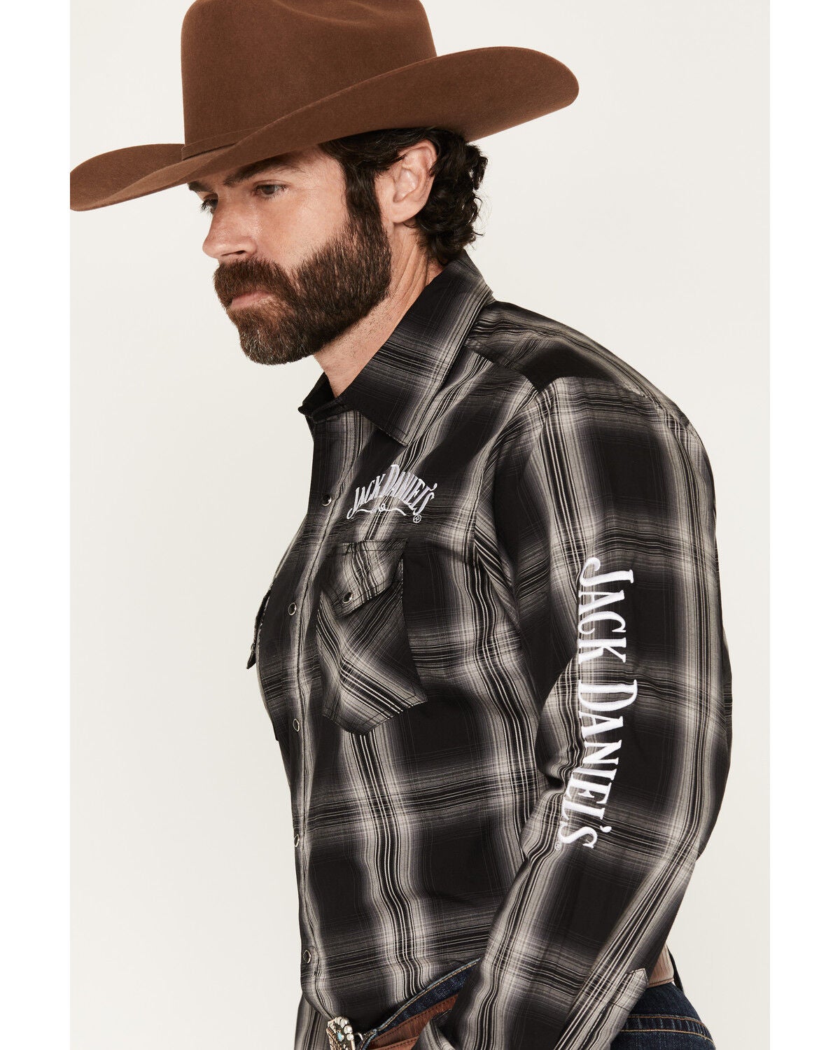 Image #2 - Jack Daniels Men's Plaid Print Long Sleeve Snap Western Shirt, Black, hi-res